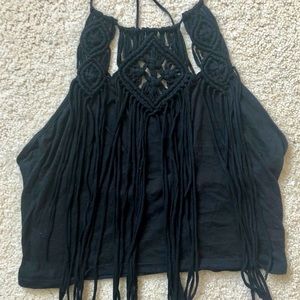 Black Fringe halter crop top